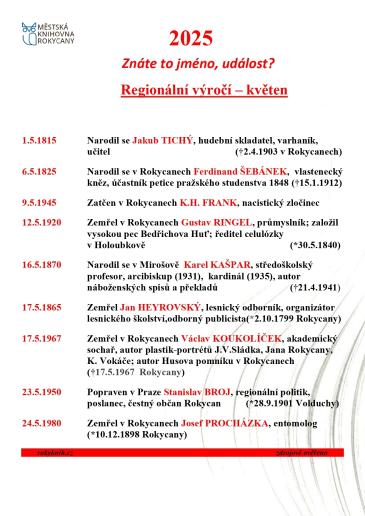 Regionální výročí květen 2025
